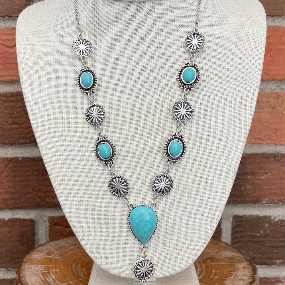 Faux Turquoise Concho & Sunburst Lariat Necklace - Picture 3 of 4